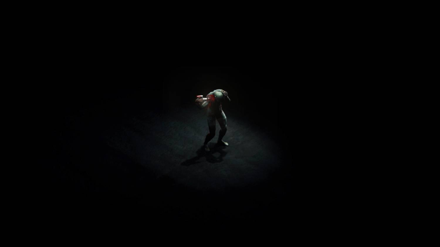 Una figura solitaria bajo un foco, sosteniendo un objeto rojo.