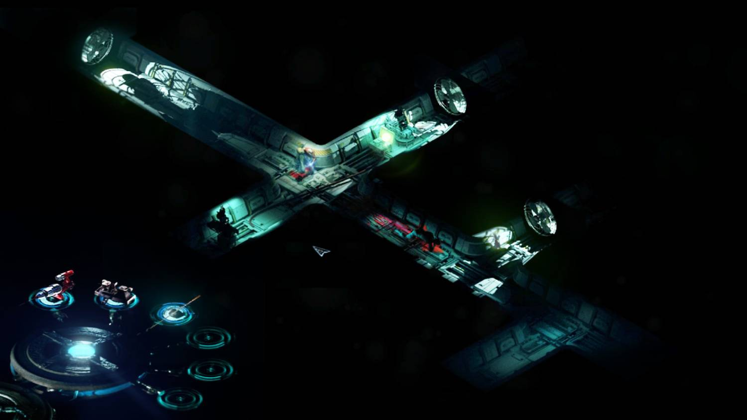 Una cruz de pasillos de nave espacial con luces y figuras.