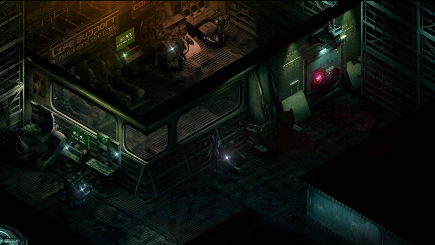 Cabina oscura de ciencia ficción con computadoras, camas, una persona y luz roja.
