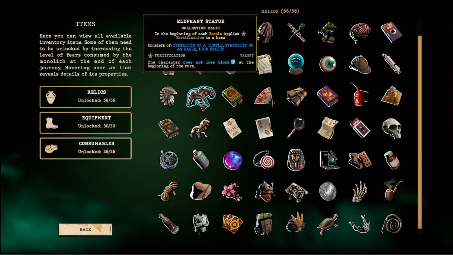 Interfaz de juego que muestra objetos del inventario: reliquias, equipo y consumibles. Muchos objetos.