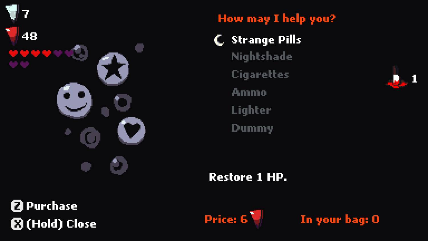 Un menú de juego que muestra objetos como pastillas, cigarrillos y munición.