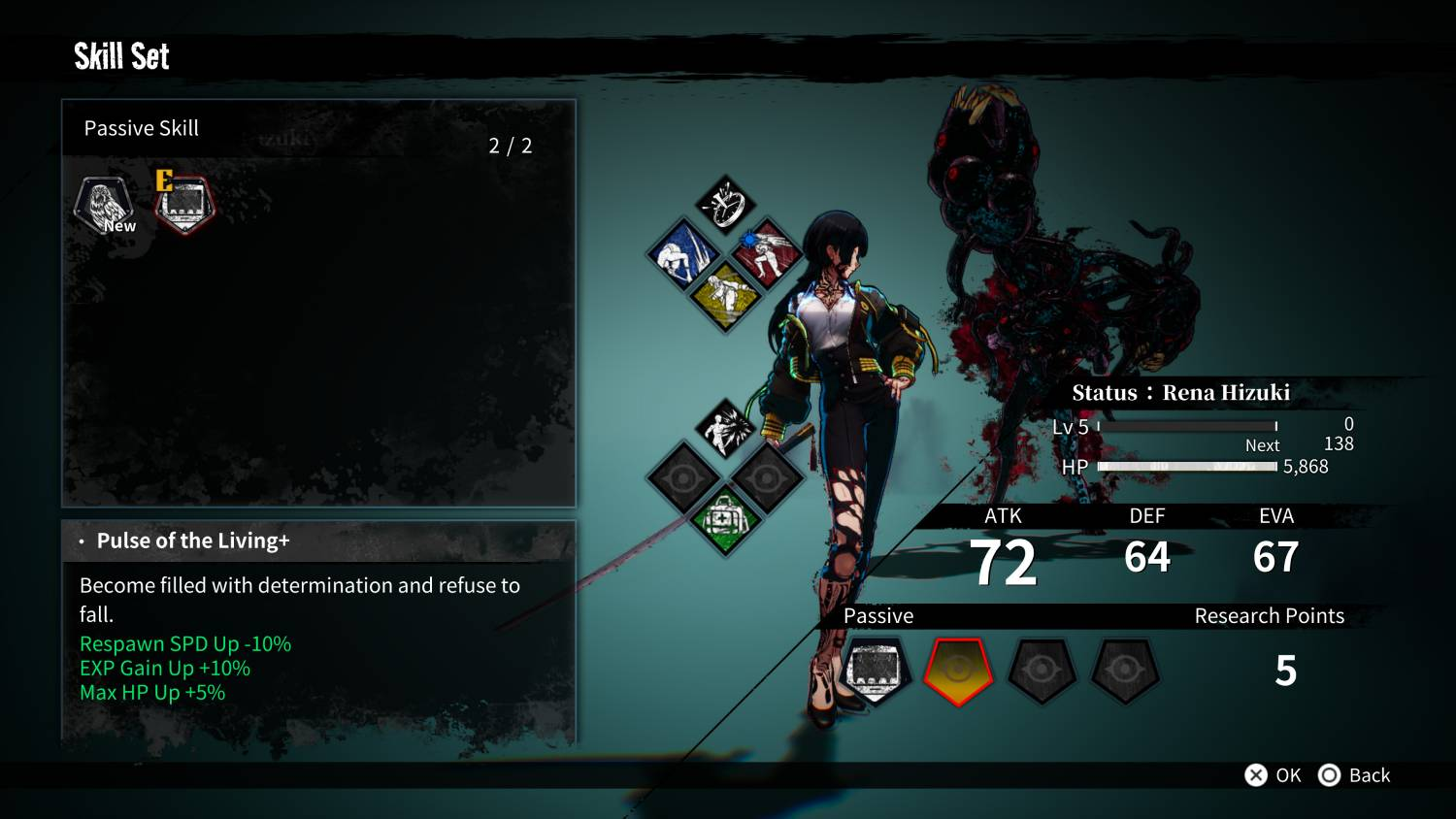 Pantalla de habilidades muestra a Rena Hizuki, Nivel 5, con estadísticas ATK 72, DEF 64, EVA 67.