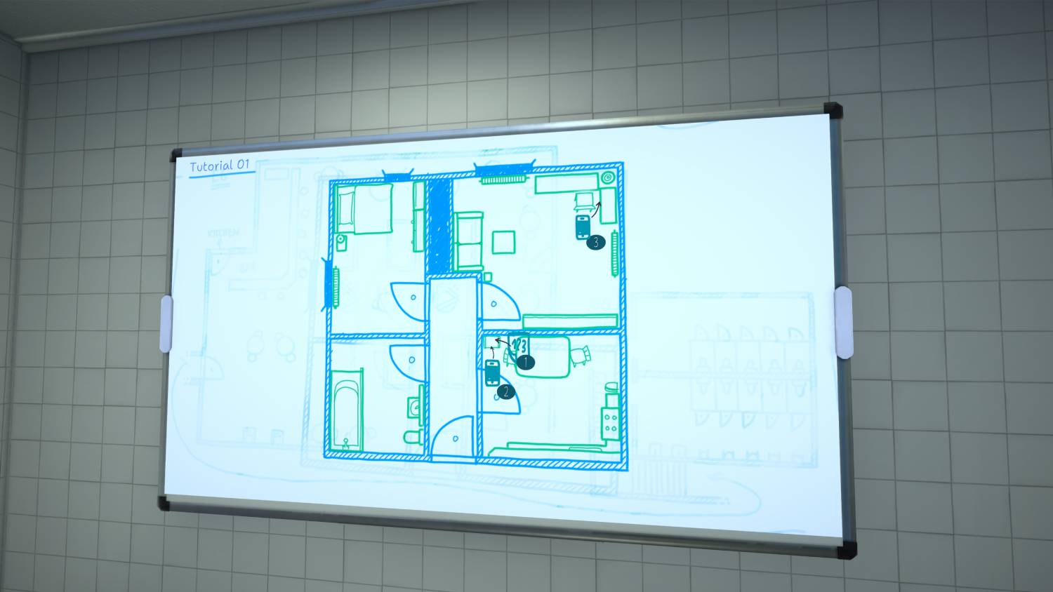 Pizarra muestra plano de apartamento con líneas azules y verdes. Texto 'Tutorial 01' visible.
