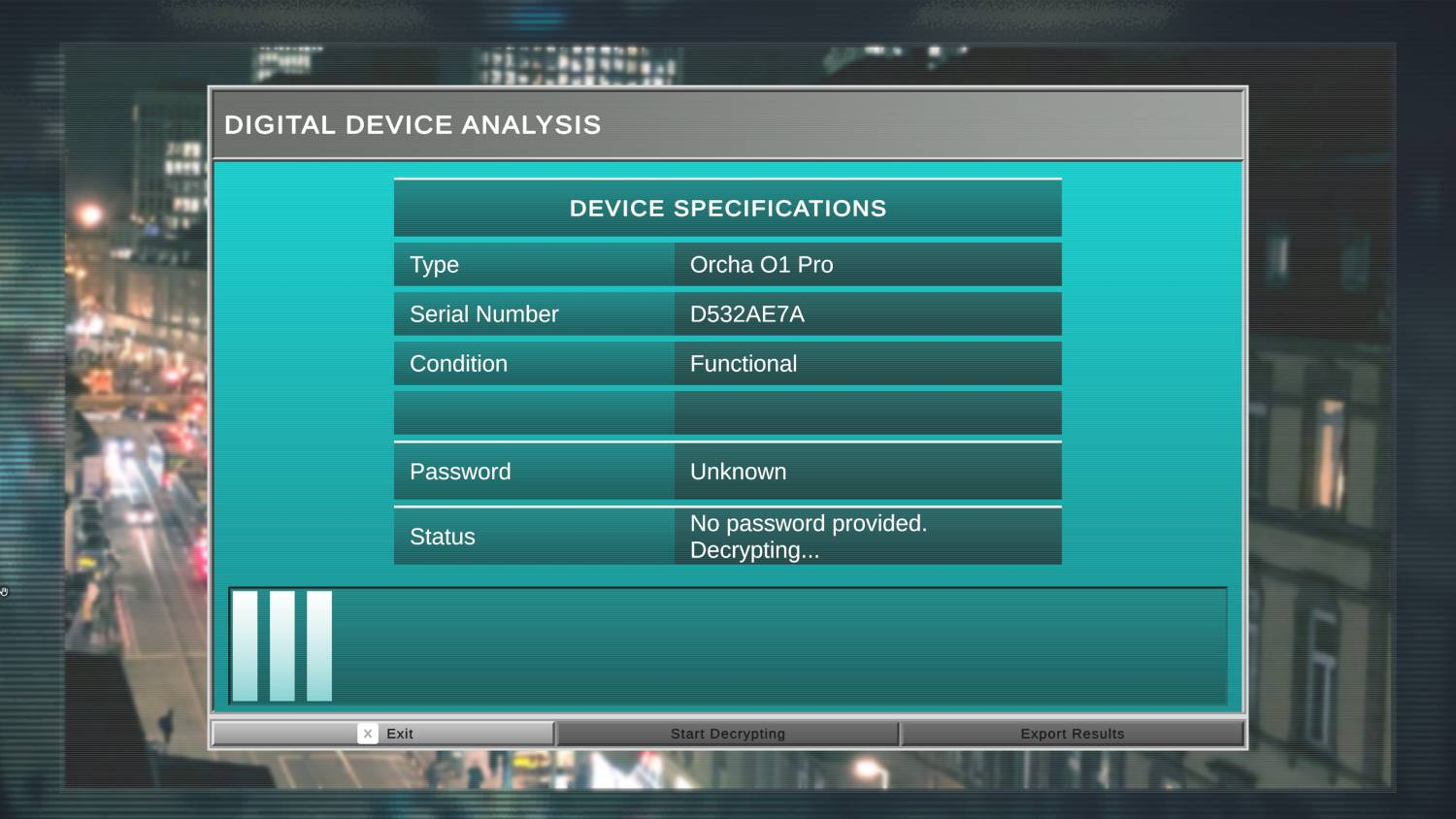 Pantalla de Análisis de Dispositivo Digital muestra especificaciones: tipo, serie, condición, contraseña, estado.