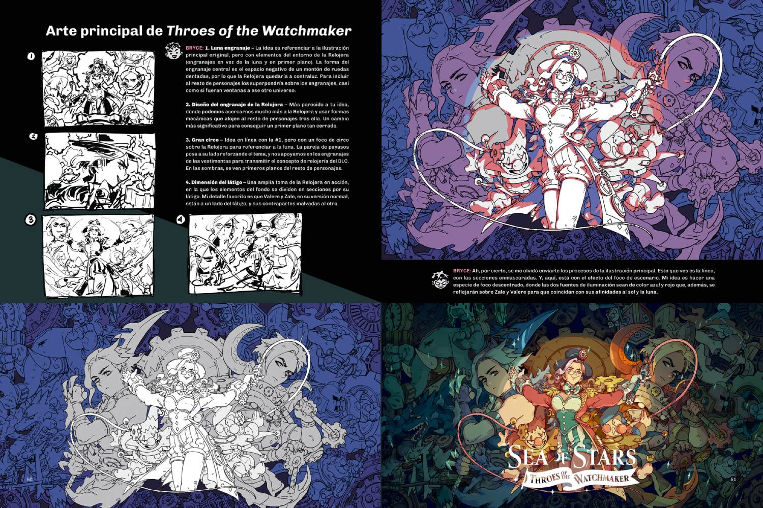 Ilustración muestra personajes y engranajes. Título: "Arte principal de Throes of the Watchmaker".