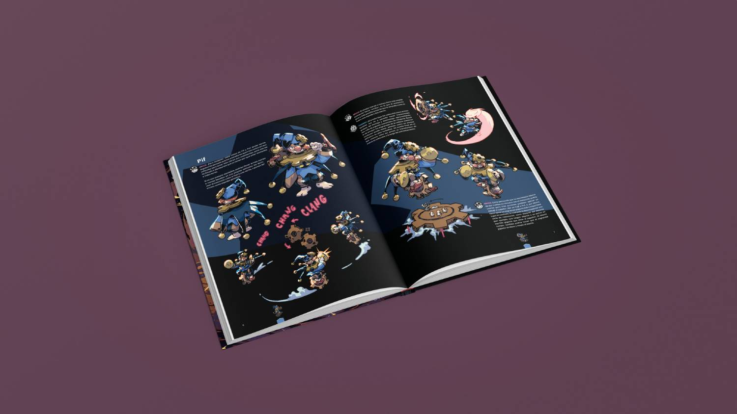 Libro abierto con ilustraciones de cómic coloridas de personajes parecidos a bufones.