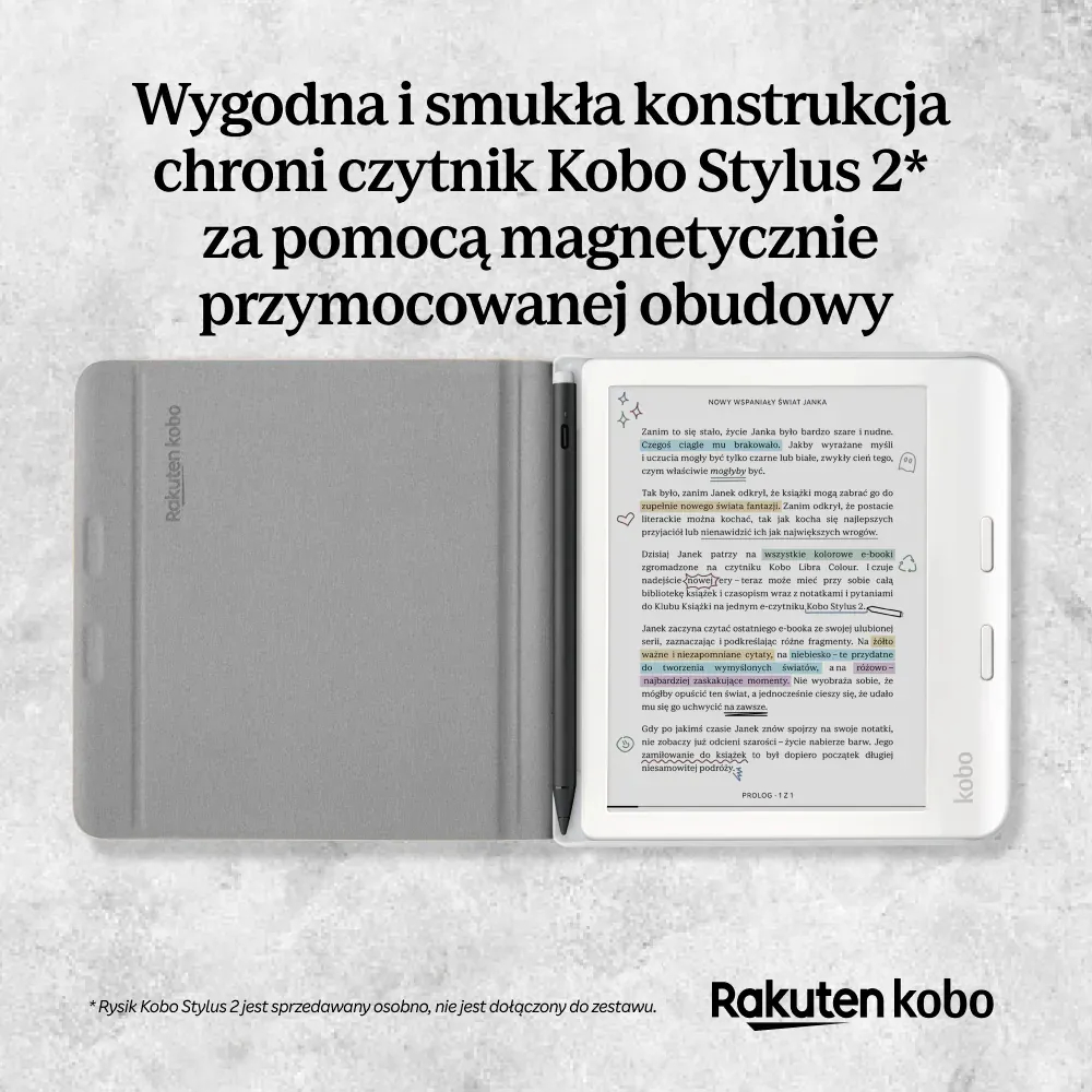 Szary czytnik Kobo Stylus 2 z magnetycznym etui. Tekst z tyłu.