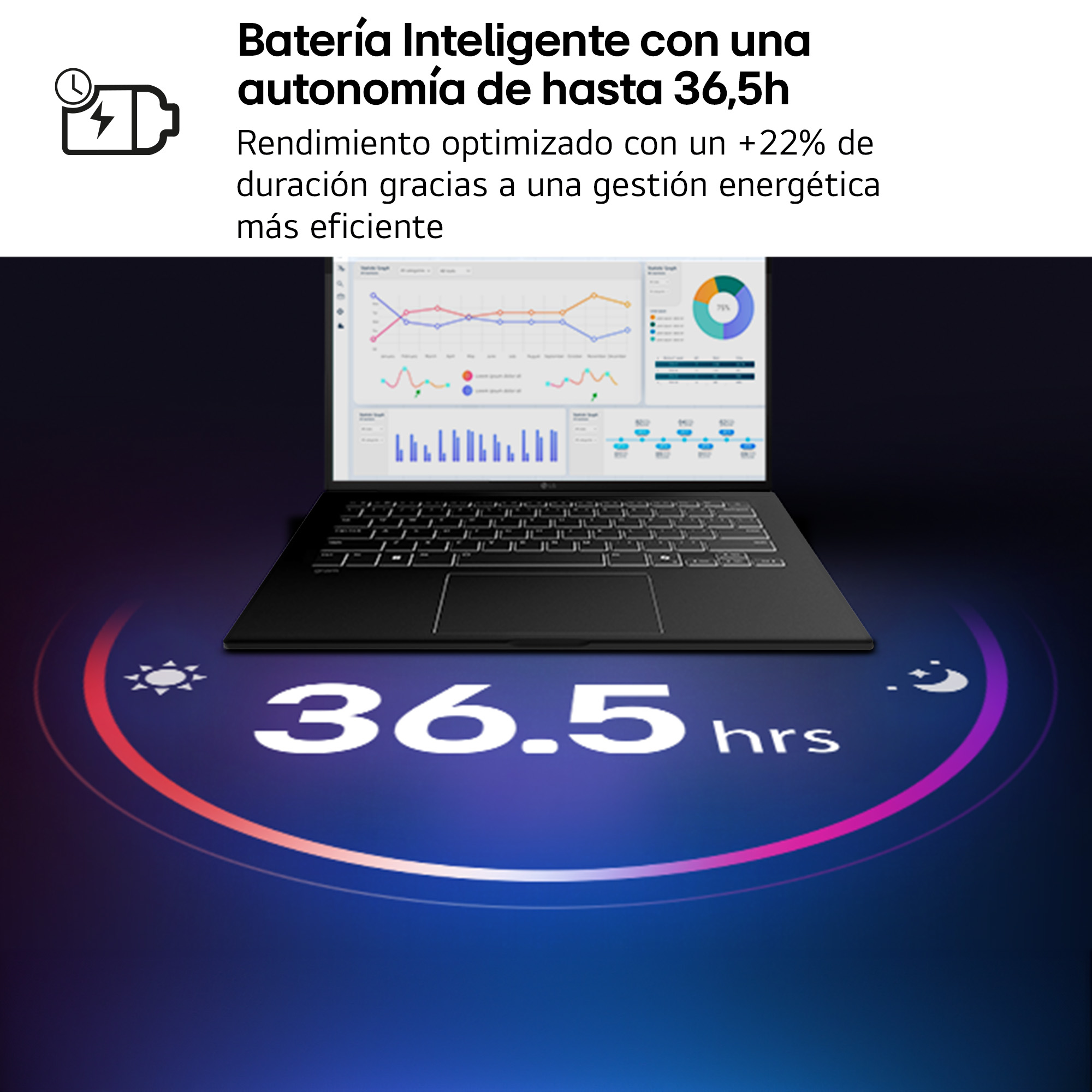 Batería inteligente con una autonomía de hasta 26h. Rendimiento optimizado con un +22% de duración gracias a una gestión energética más eficiente.