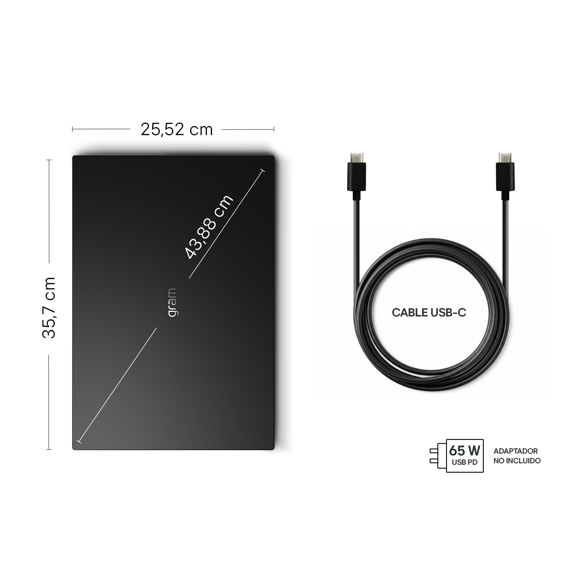 Objeto rectangular negro con dimensiones y un cable USB-C al lado.