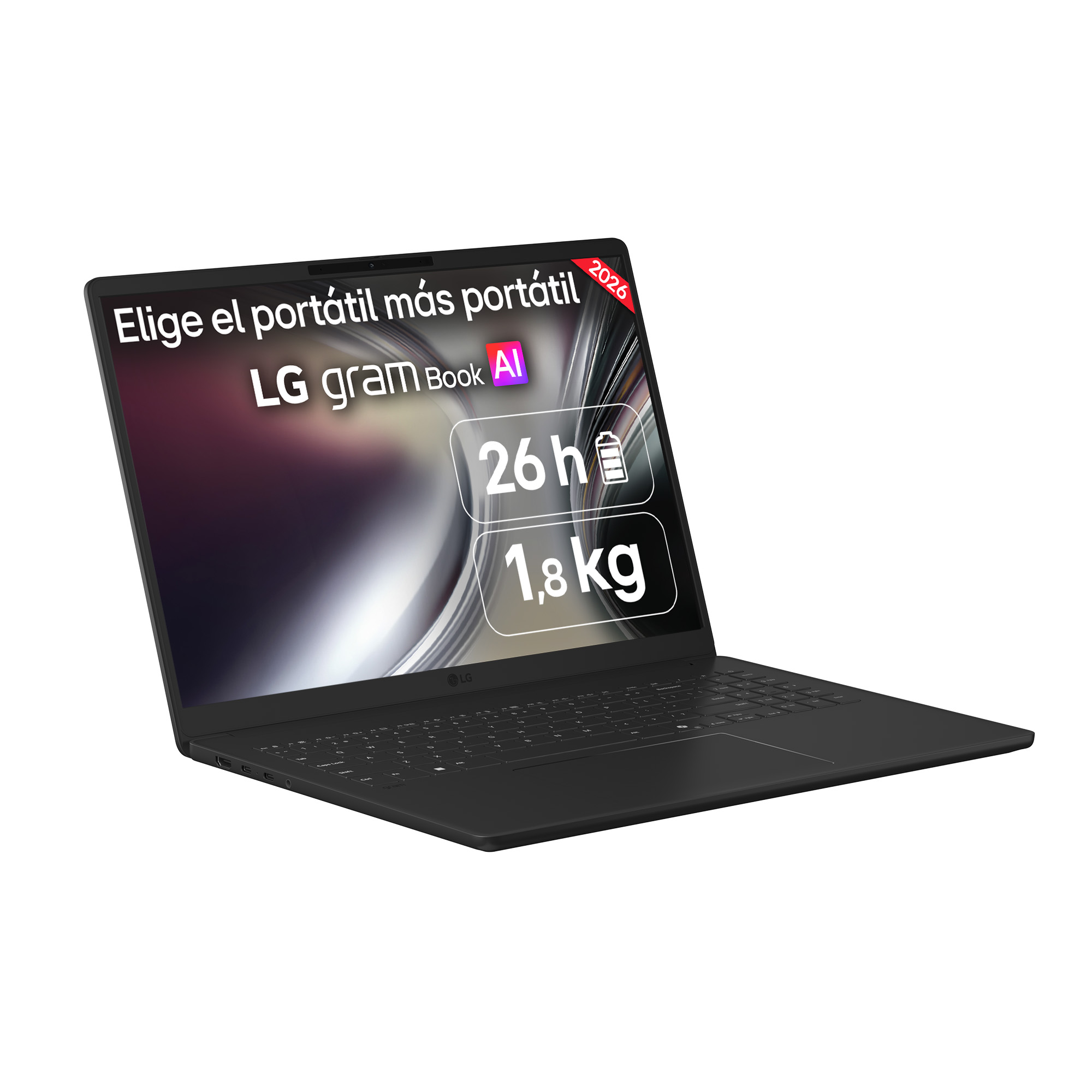 Un portátil LG Gram negro con logo IA, 26h de batería y 1,8 kg de peso.