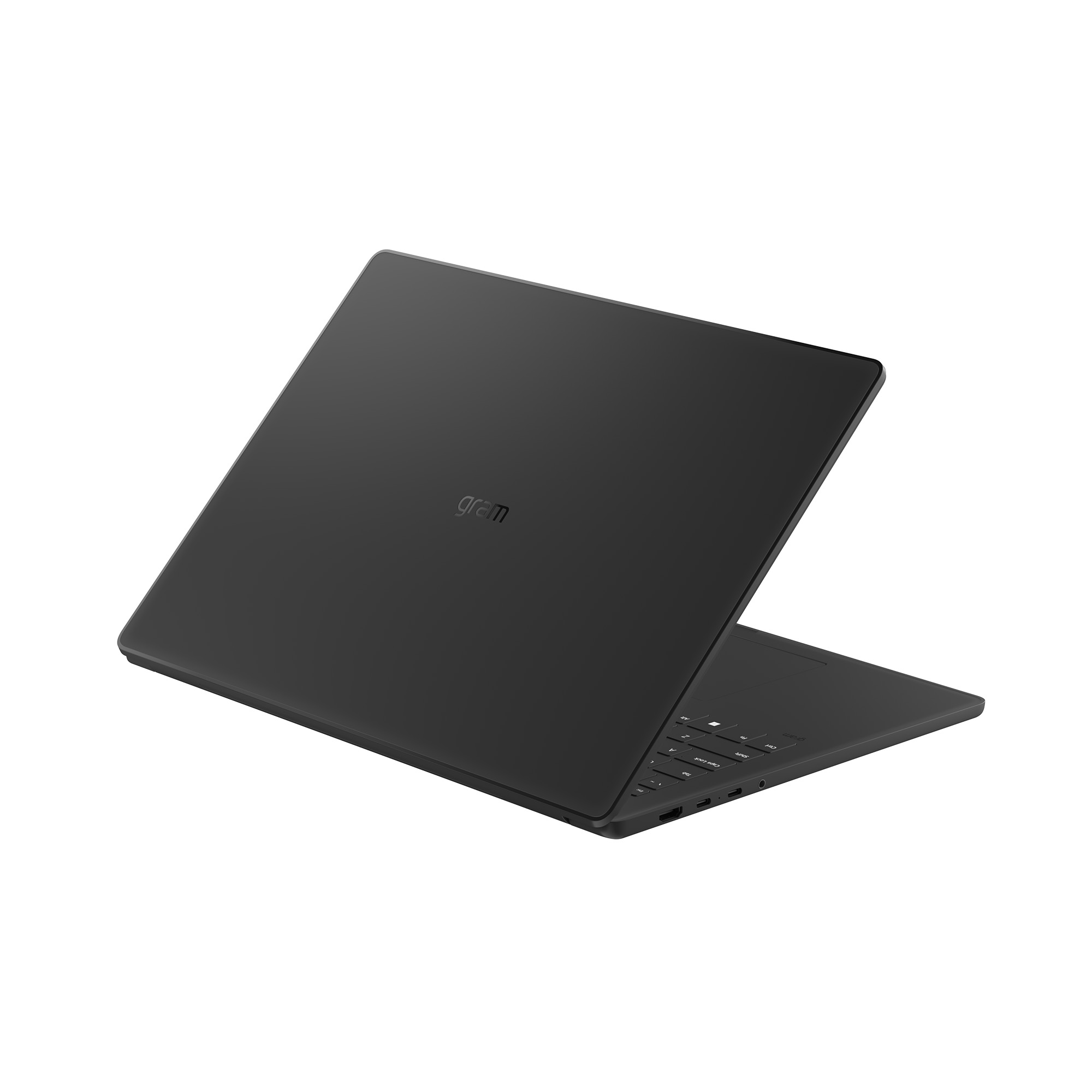 Un portátil LG Gram negro y cerrado con su logo en la tapa.