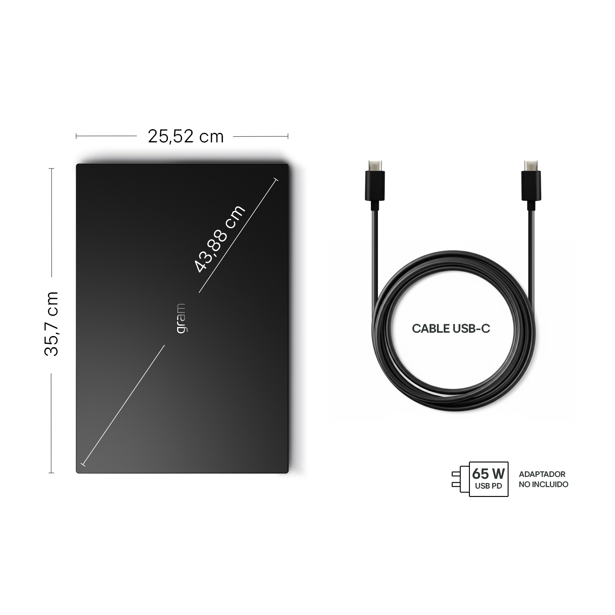 Portátil negro con cable USB-C y especificaciones de potencia.