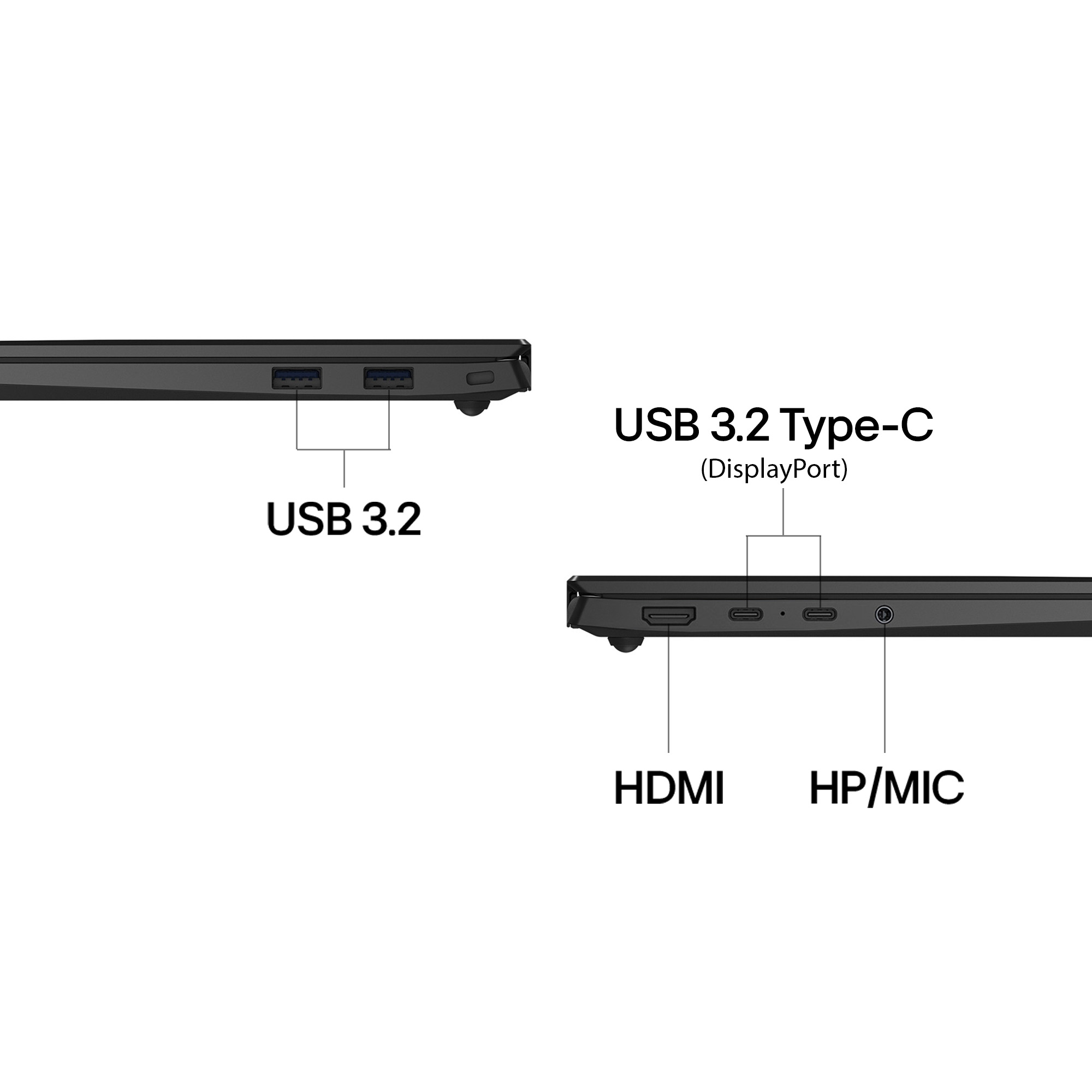 Vista lateral de un portátil mostrando puertos USB 3.2, USB 3.2 Type-C y HDMI/HP/MIC.