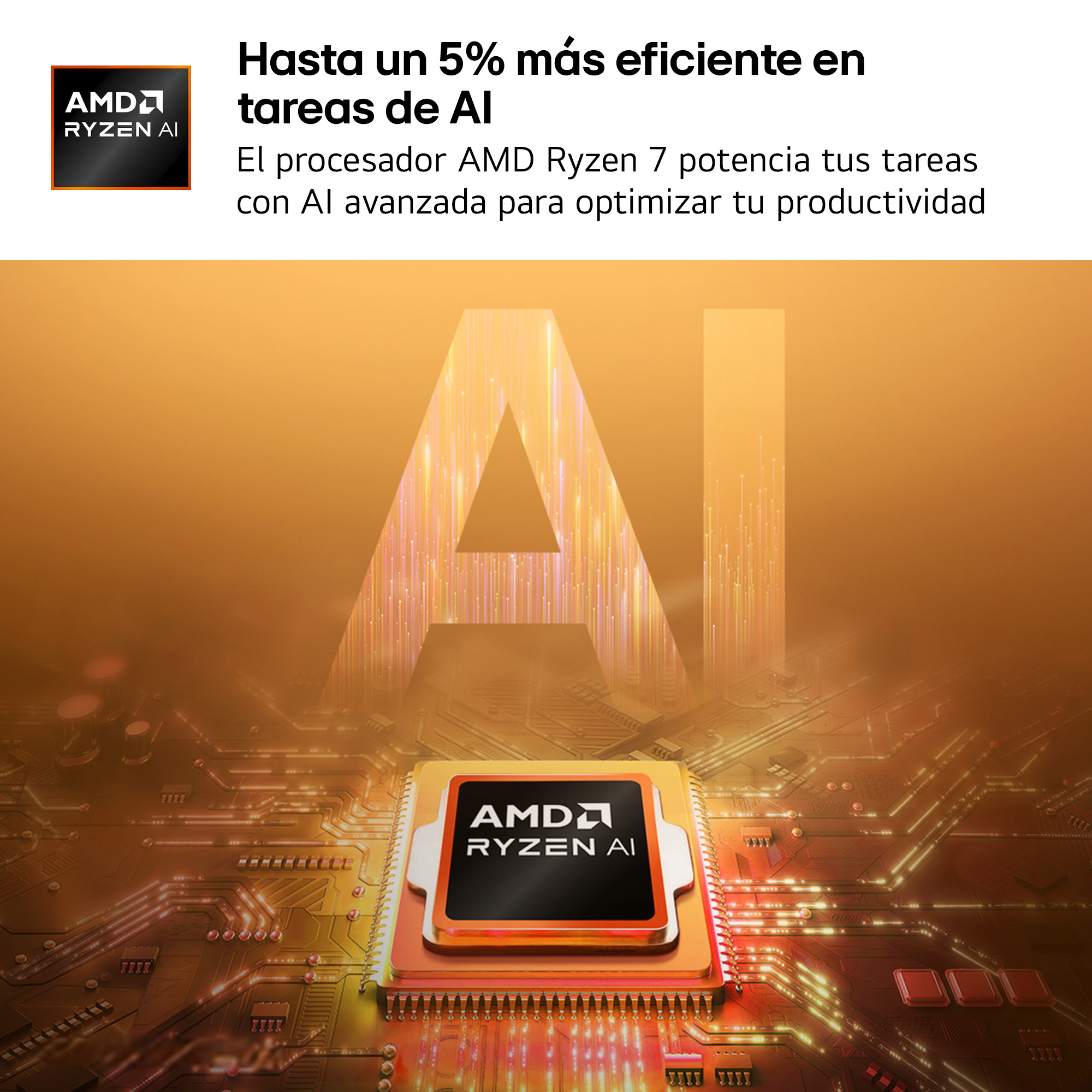 Procesador AMD Ryzen AI sobre placa con pistas brillantes y texto "AI".