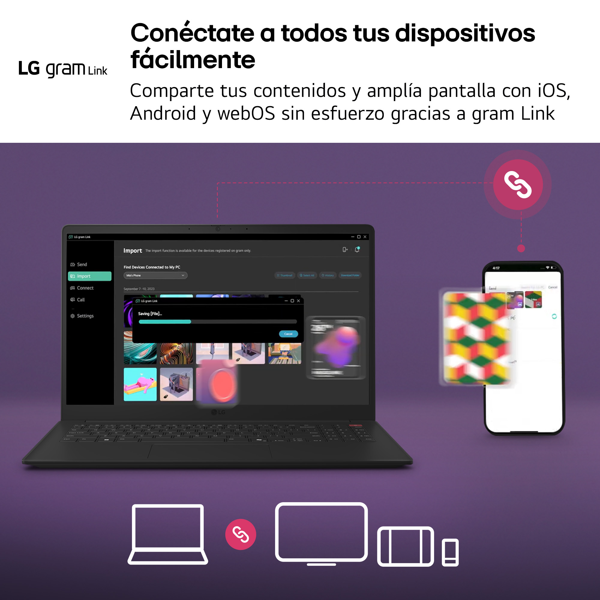 Un portátil LG Gram muestra la app LG Gram Link, transfiriendo un archivo a un smartphone.