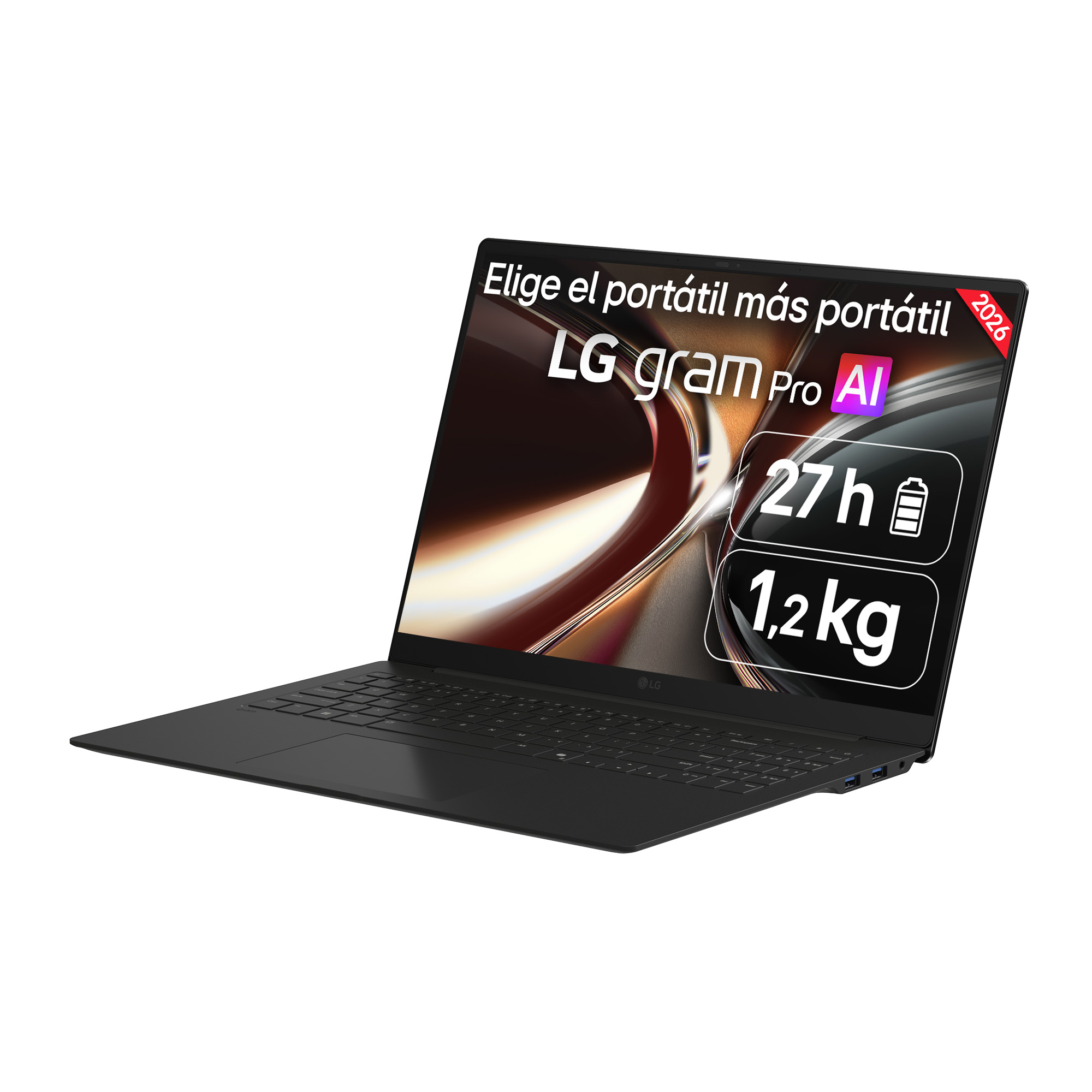 Portátil LG Gram Pro AI negro con 27h de batería y 1,2kg de peso.