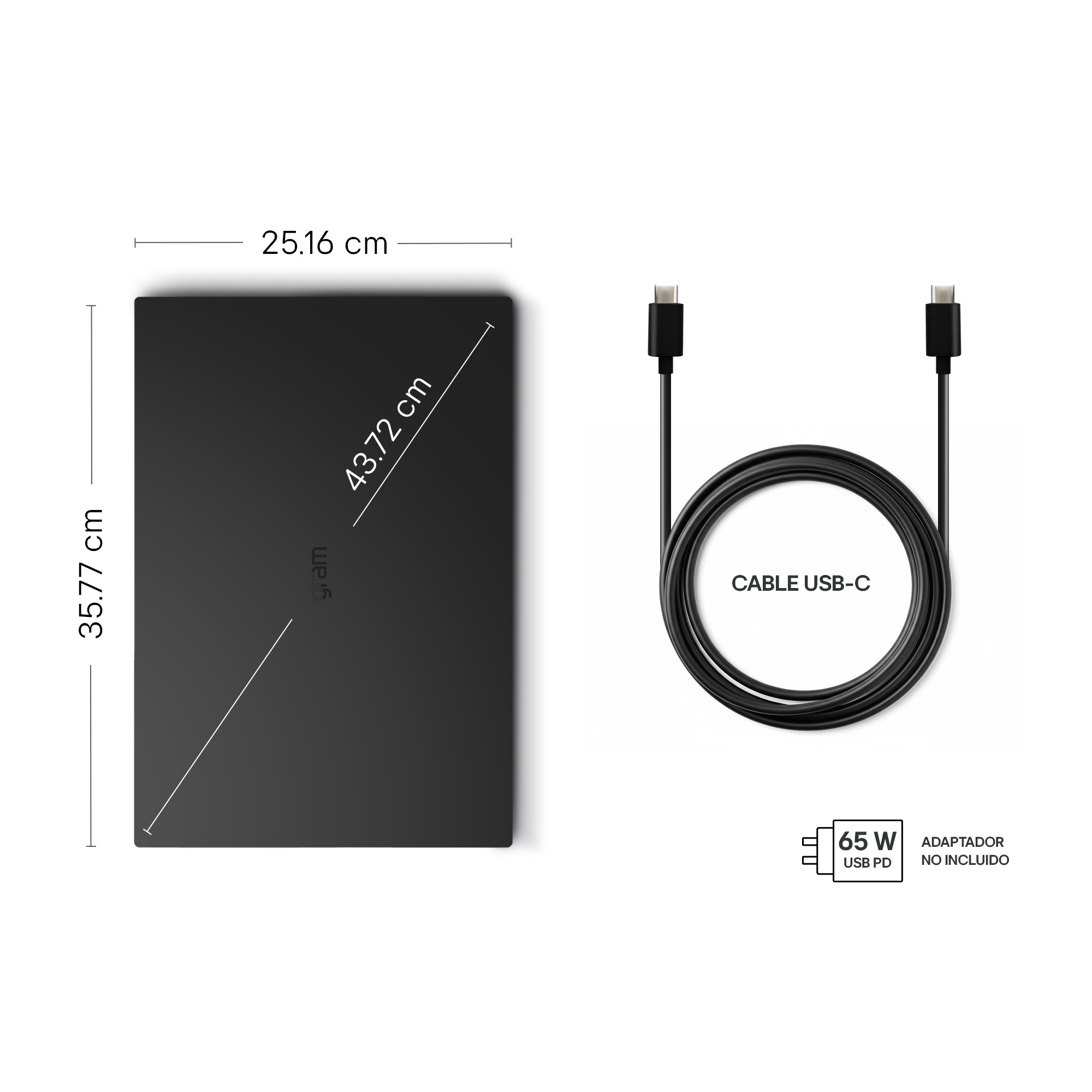 Portátil negro con cable USB-C y nota de 65W. Dimensiones mostradas.