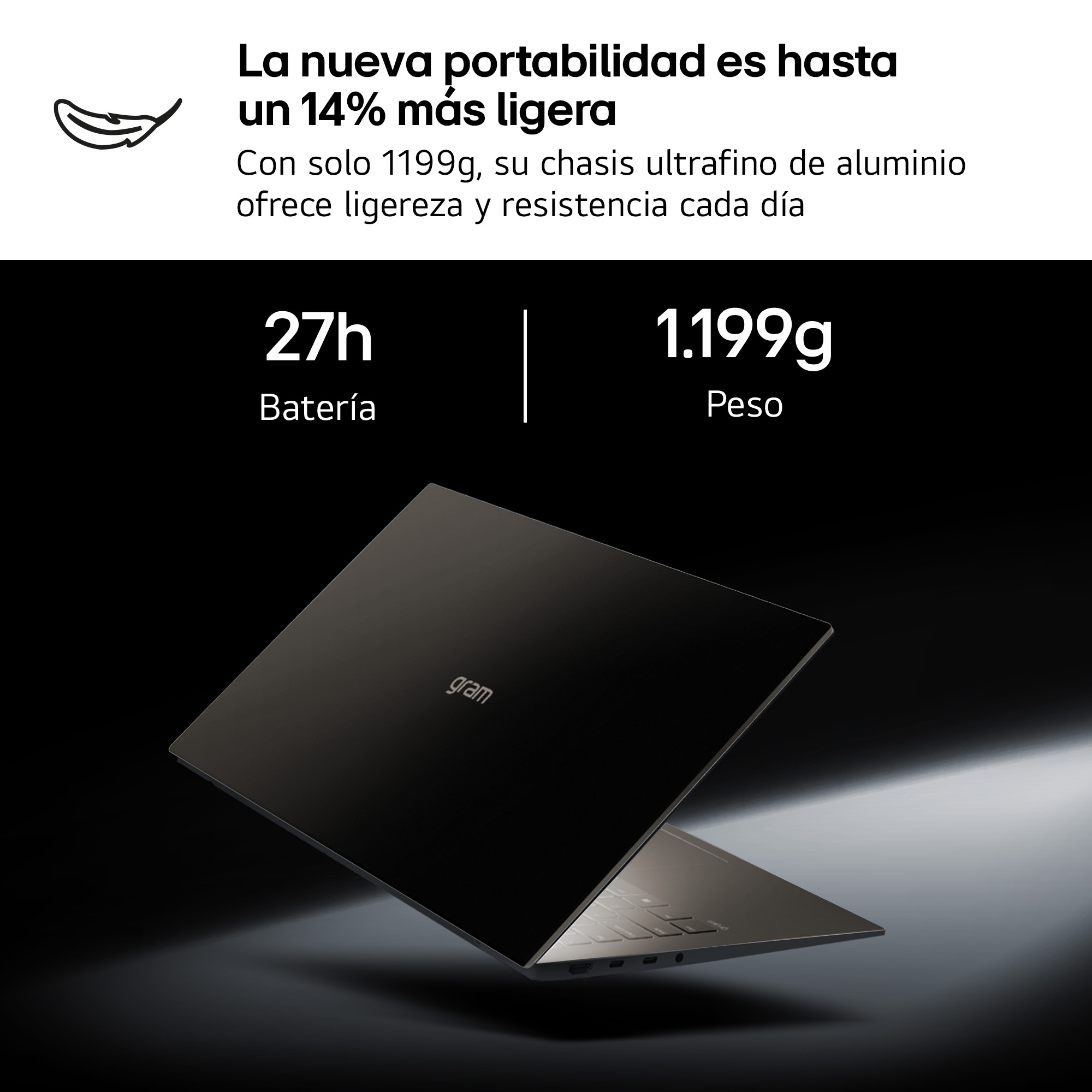 La nueva portabilidad es hasta un 14% más ligera. Con solo 1199g, su chasis ultrafino de aluminio ofrece ligereza y resistencia cada día.