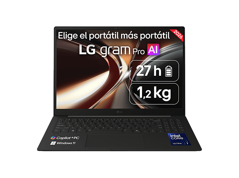 Portátil – LG Gram Pro 16Z90U-K.AUB8BN Copilot+ PC, 16″ WQXGA+, Intel® Core™ Ultra X7 358H 50 TOPS, 32GB RAM, 1 TB SSD, Windows 11 Home, Sin cargador