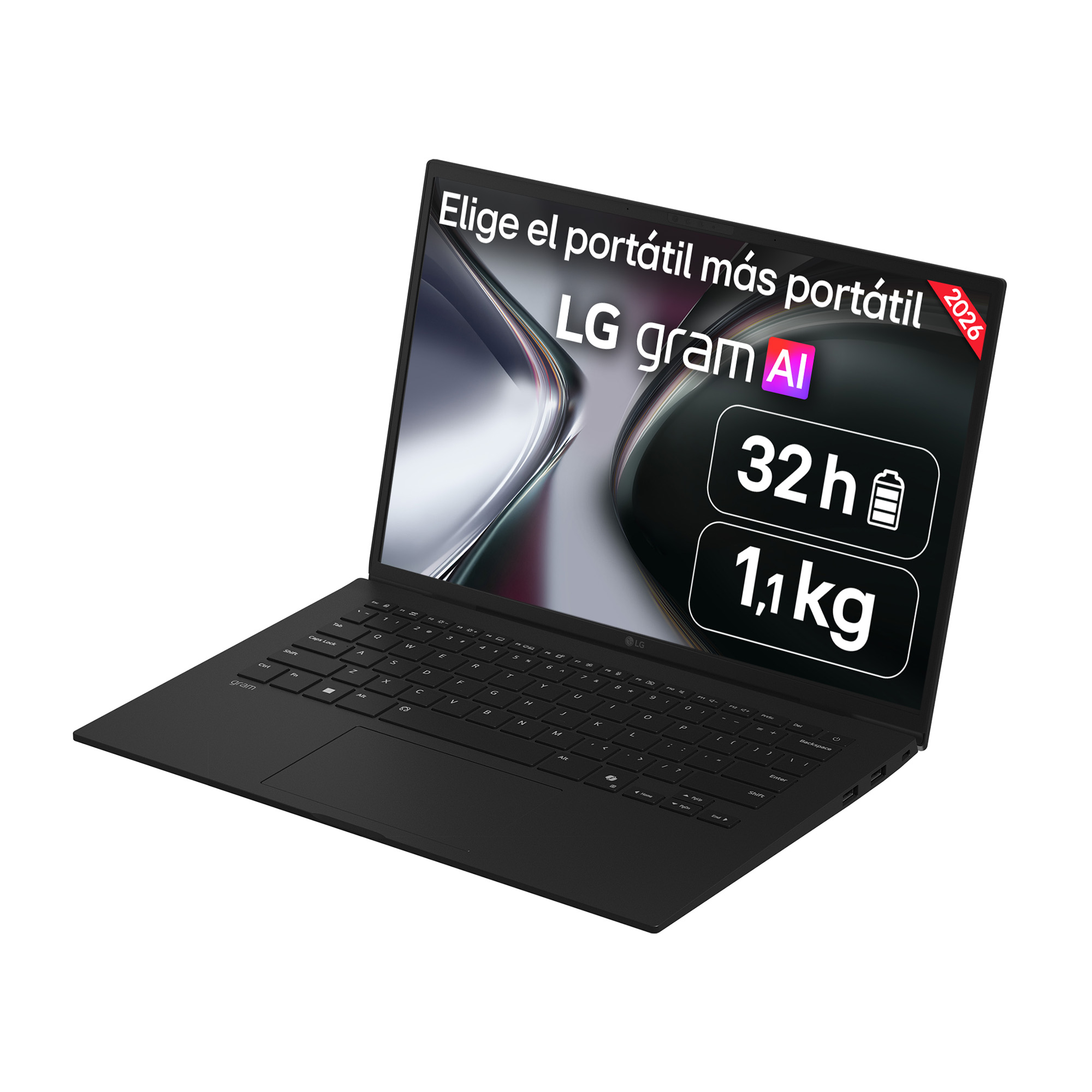Portátil LG Gram negro con 32h de batería y 1,1kg de peso.