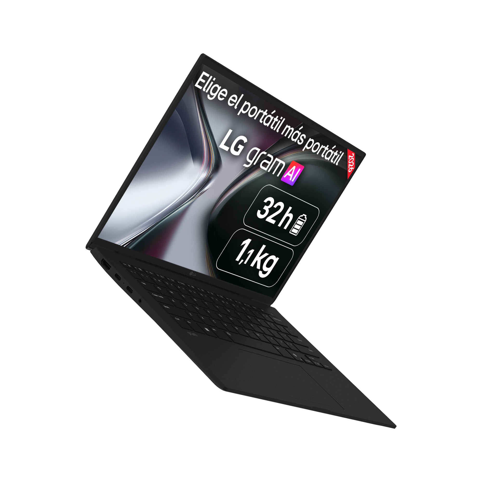 Un portátil LG Gram AI negro con 32h de batería y 1,1kg de peso.