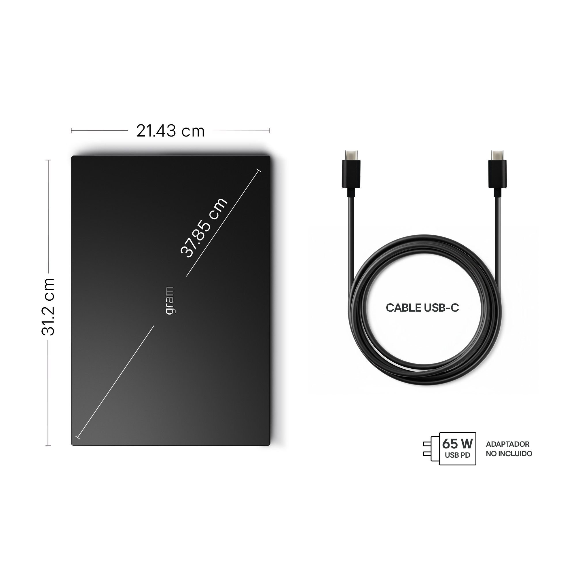 Un portátil negro, 31.2x21.43 cm, con cable USB-C e icono de 65W.