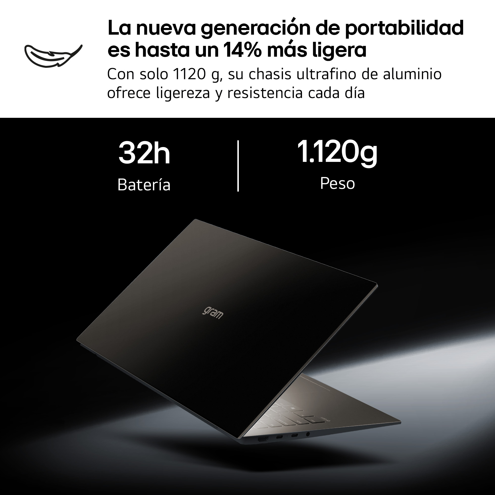 Un portátil elegante y oscuro con el logo "gram", batería de 32h, peso de 1120g.