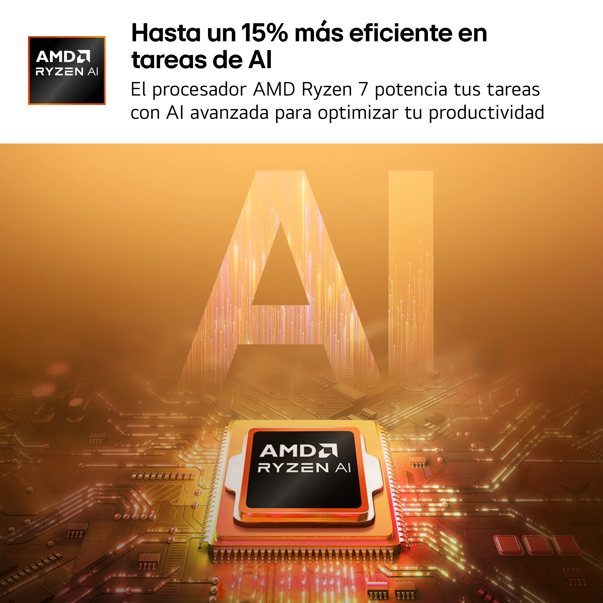 Procesador AMD Ryzen IA en placa de circuito. Texto IA al fondo.