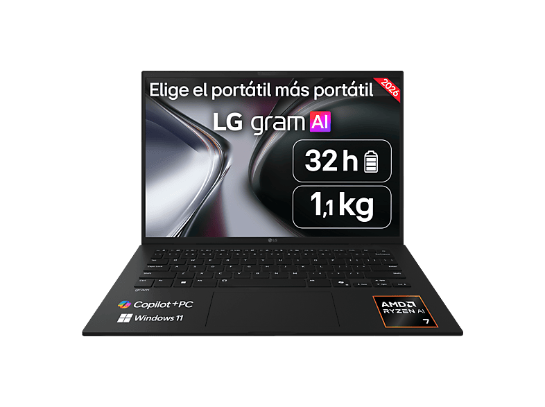 Portátil – LG Gram 14Z95U-G.AU85BN Copilot+ PC, 14″ WUXGA, AMD Ryzen™ AI 7 450 50 TOPS, 32GB RAM, 512 GB SSD, Windows 11 Home, Sin cargador