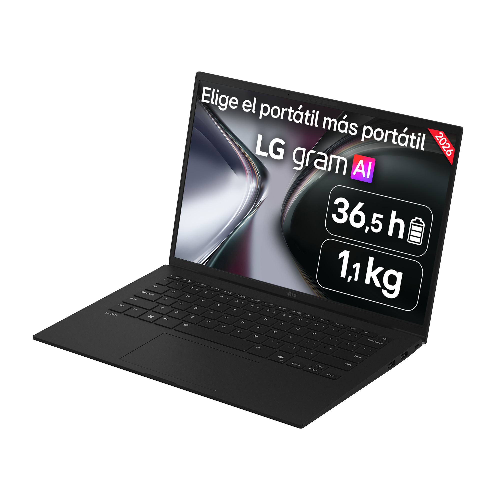 Portátil LG Gram negro con 36,5h de batería y 1,1kg de peso.
