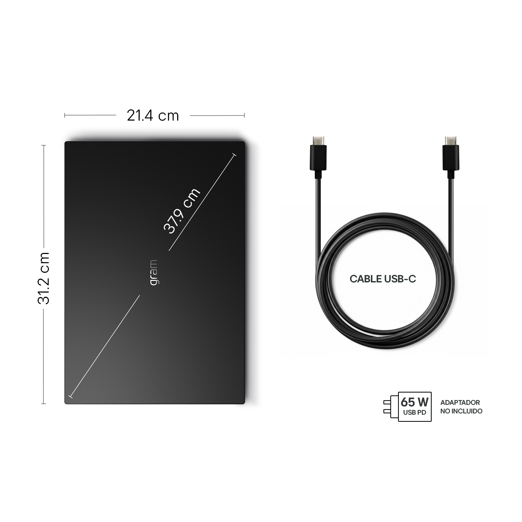 Portátil negro (31,2 x 21,4 cm) con cable USB-C y nota de adaptador de 65W.