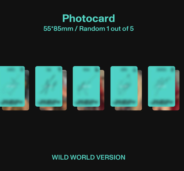 Fünf unscharfe türkise Fotokarten mit zufälligen Bildern, "Wild World Version".
