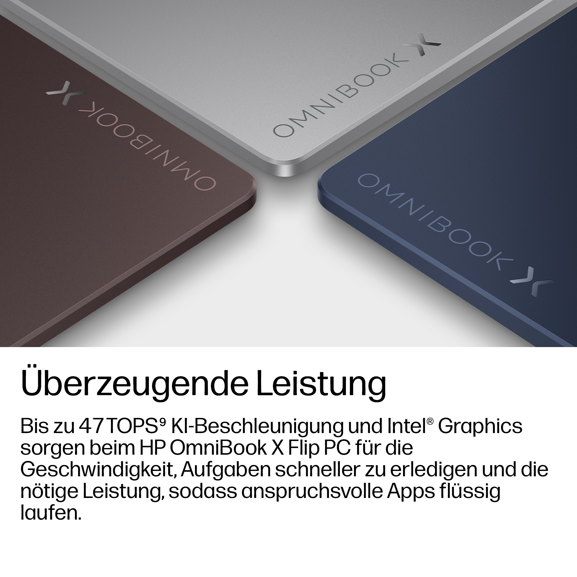 Drei Laptops in Braun, Silber und Blau mit "OmniBook X" Schriftzug.