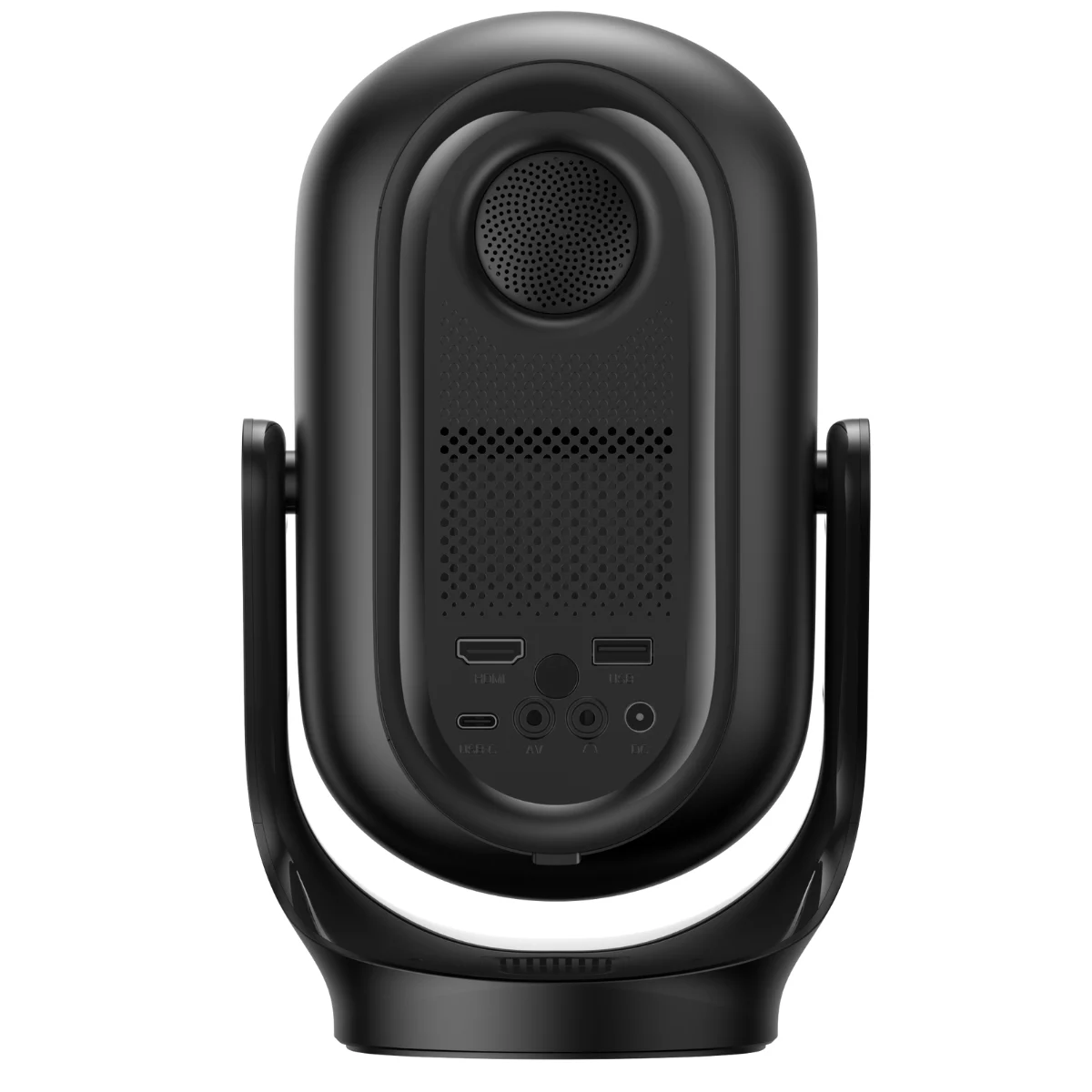 Siyah projektörün arkası, portlar: HDMI, USB, USB-C, AV ve DC.