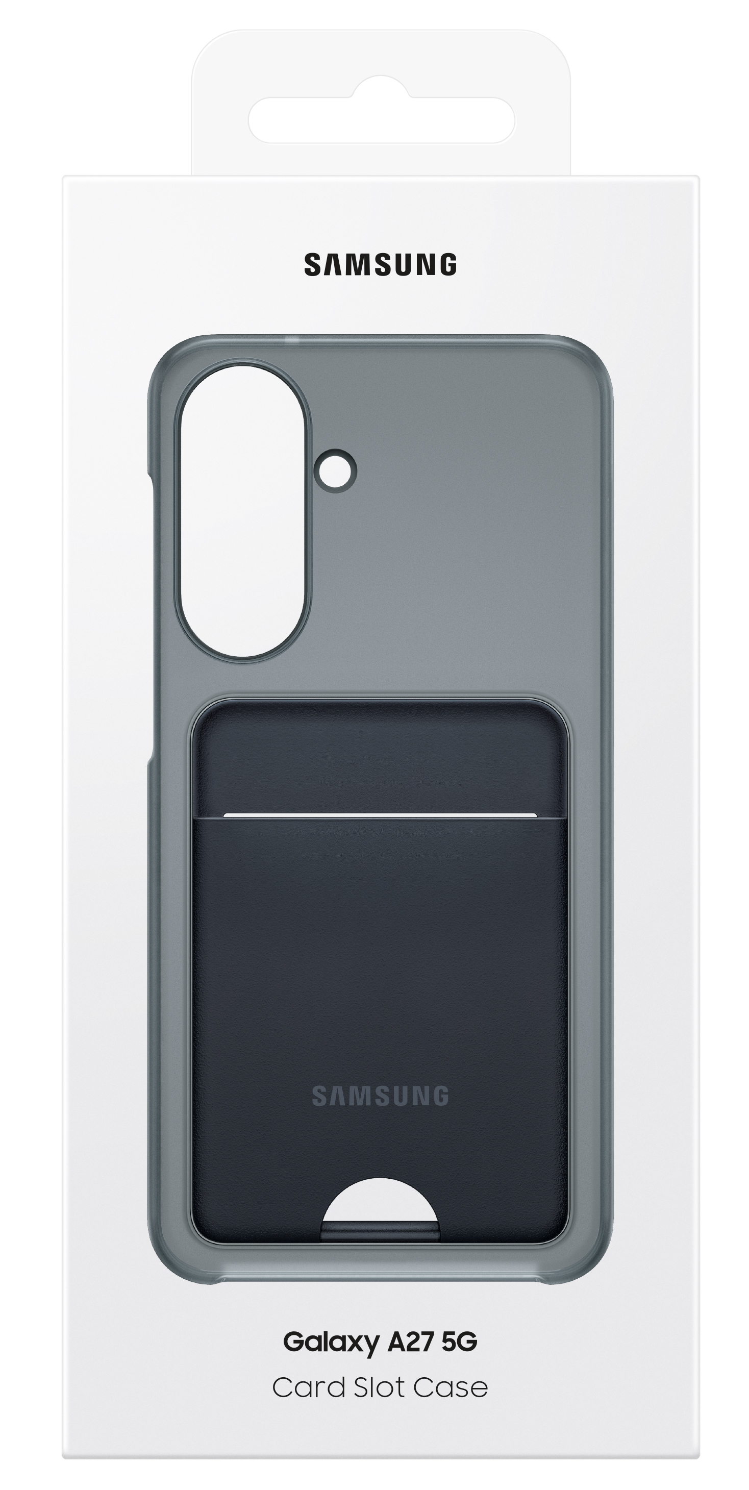 Szürke Samsung Galaxy A27 5G tok kártyatartóval fehér csomagoláson.