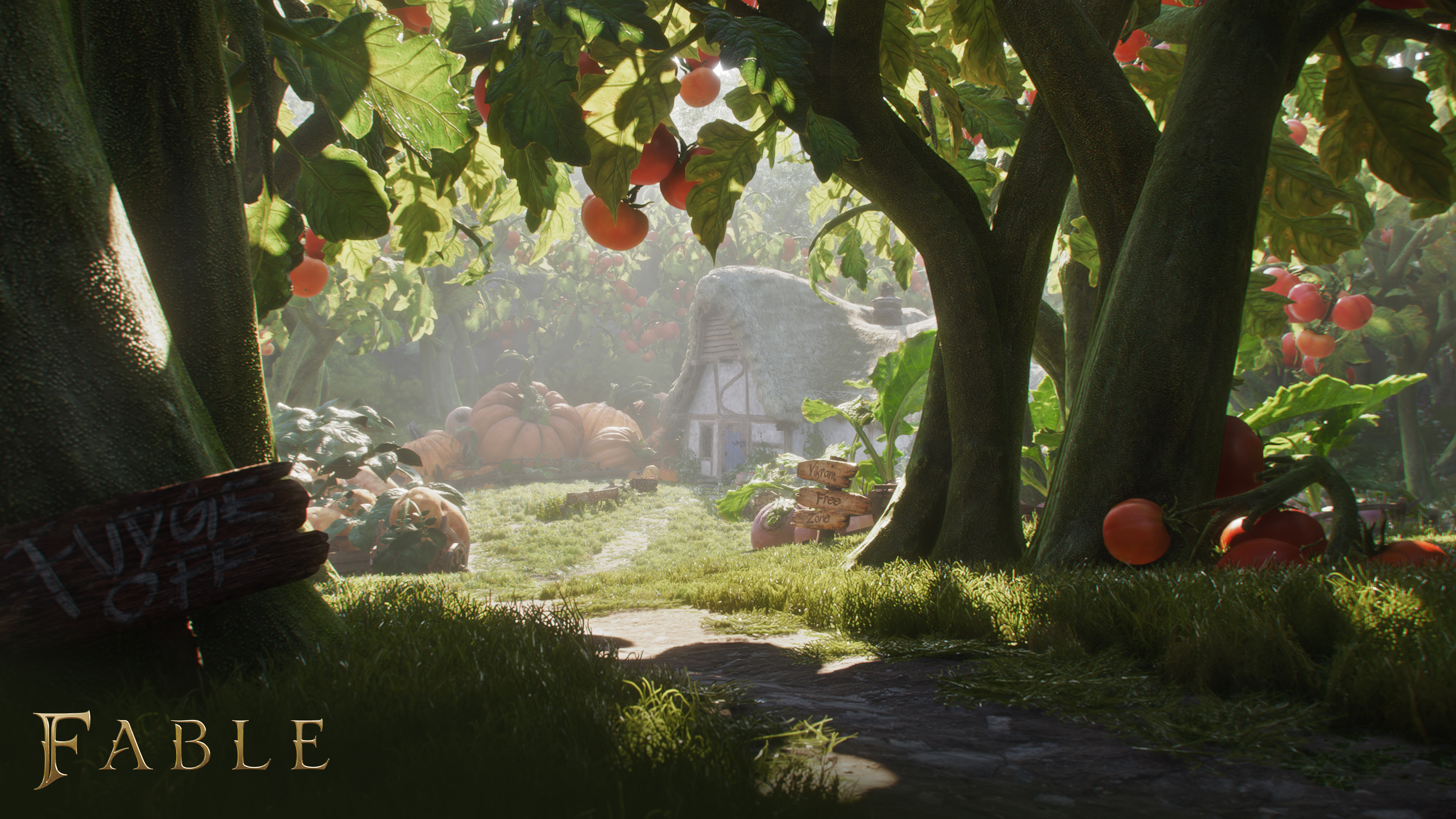 Ein Fantasy-Garten mit einem Reetdachhaus, Kürbissen und Tomatenpflanzen.