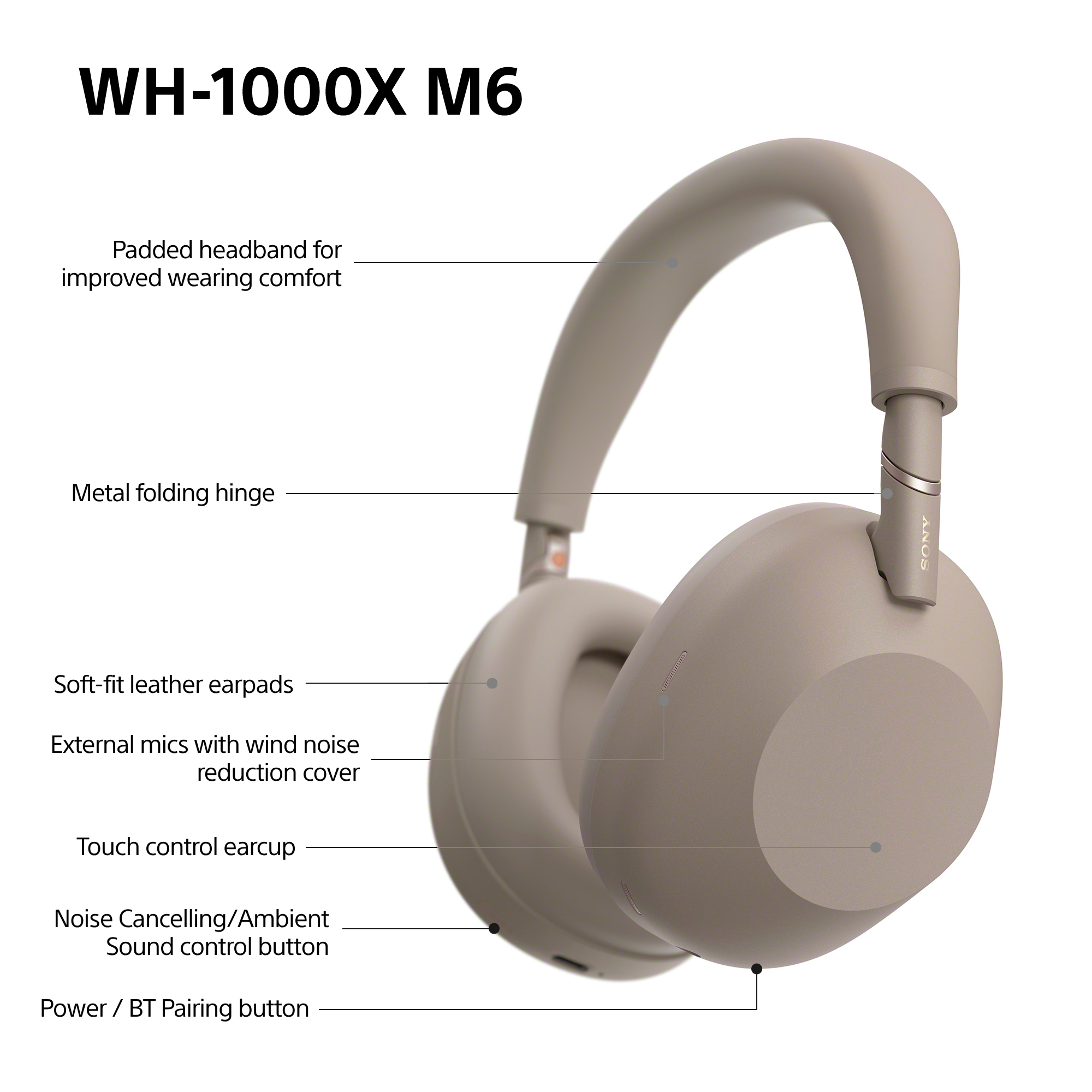 Graue Sony WH-1000XM6 Kopfhörer mit gepolstertem Bügel, Leder-Ohrpolstern.