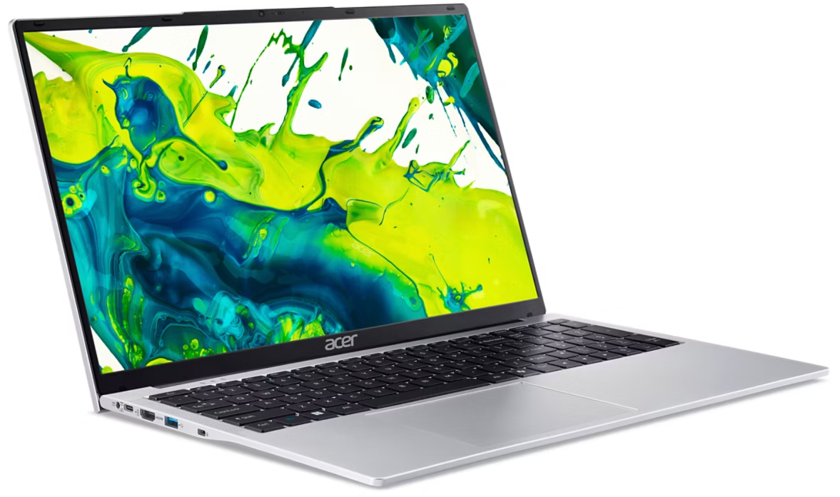 Ezüst laptop élénk, fröccsenő háttérrel a képernyőjén.