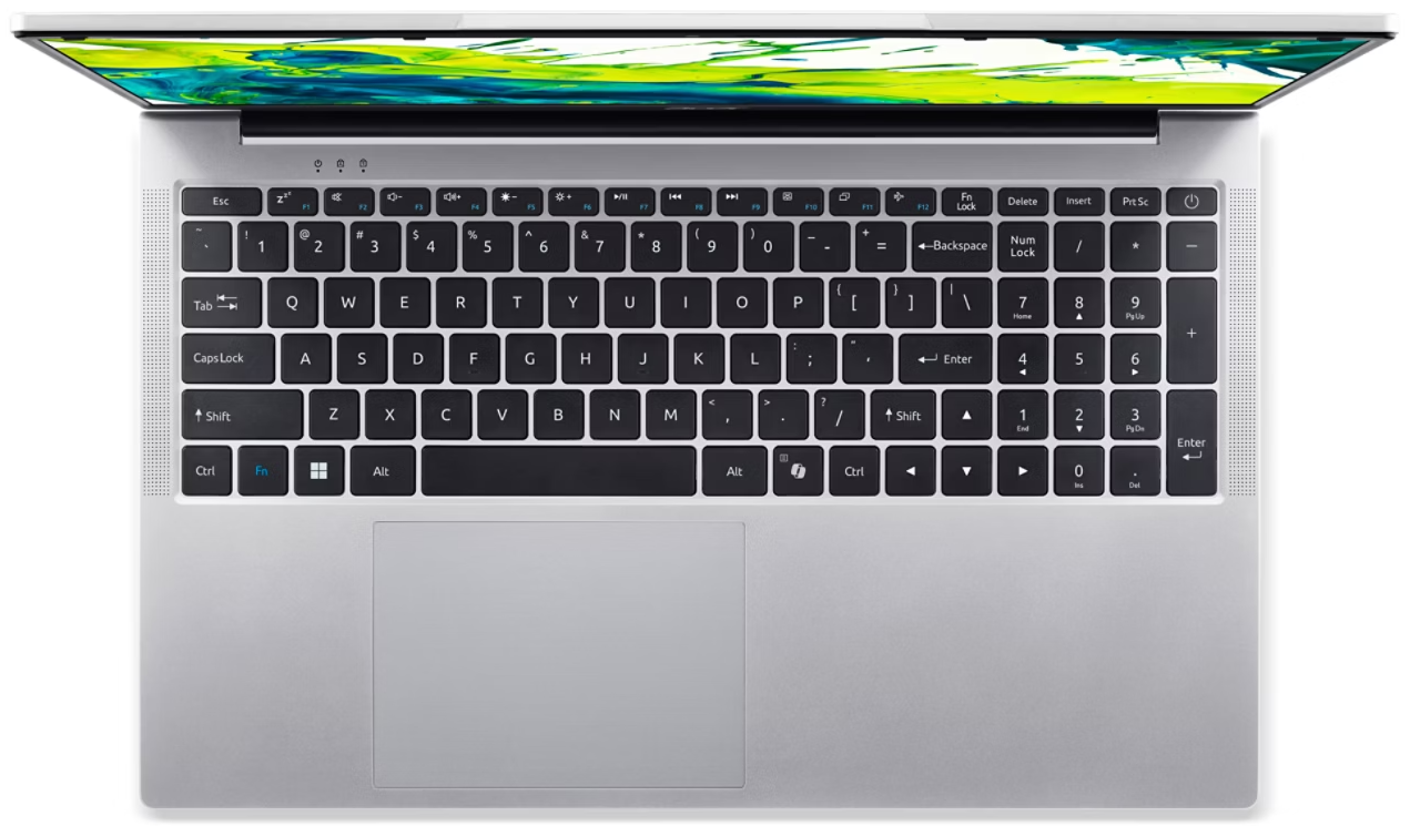 Egy nyitott ezüst laptop felülnézete, színes absztrakt képernyővel és teljes billentyűzettel.
