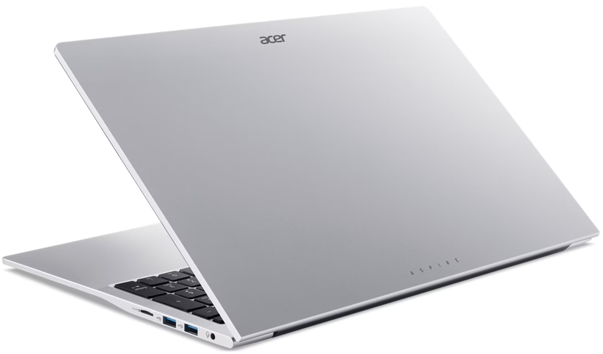 Egy elegáns, ezüst Acer Aspire laptop, nyitva, oldalról nézve, a billentyűzetet és a portokat mutatva.