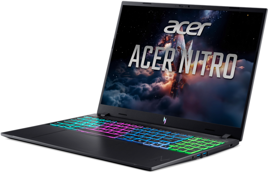 Fekete Acer Nitro laptop színes, háttérvilágított billentyűzettel és űrtémájú háttérképpel.
