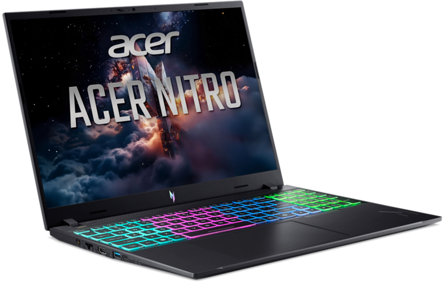 Egy fekete Acer Nitro laptop színes, világító billentyűzettel és űrtémájú háttérképpel.