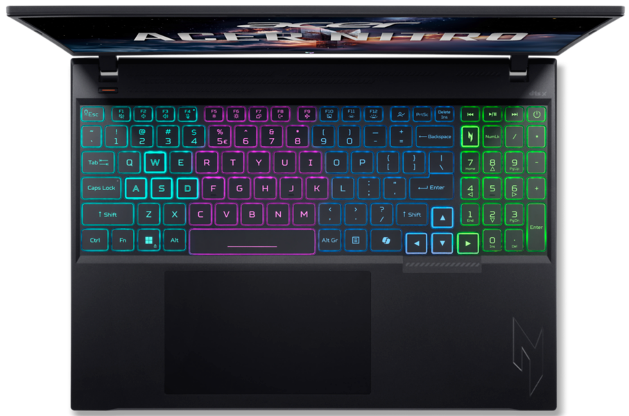 Nyitott fekete laptop felülnézetben, színes RGB háttérvilágítású billentyűzettel.