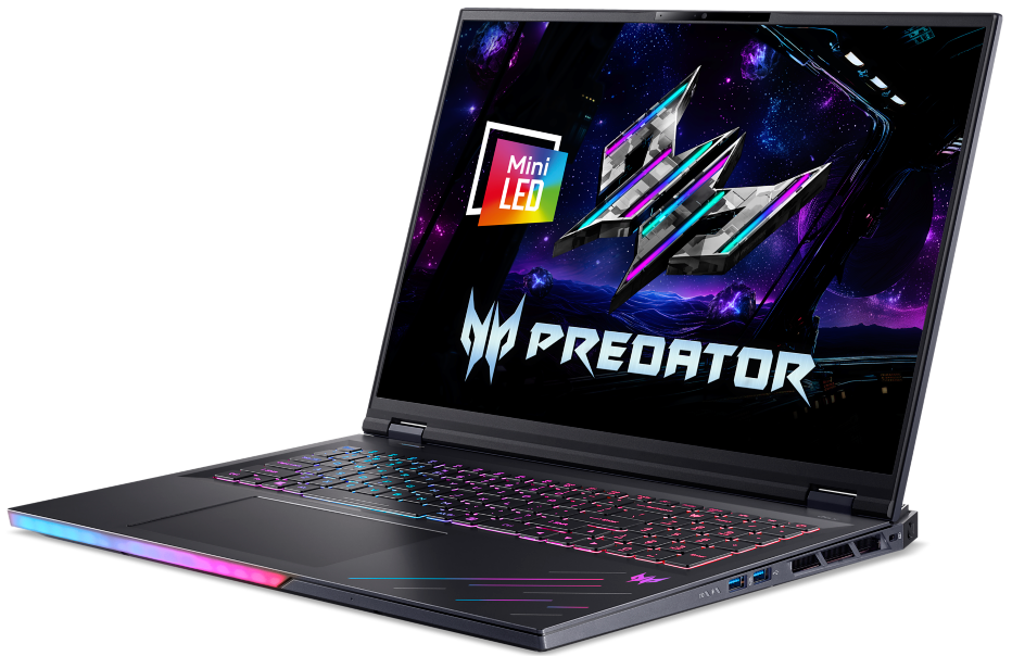 Egy nyitott gamer laptop világító billentyűzettel és futurisztikus háttérképpel.