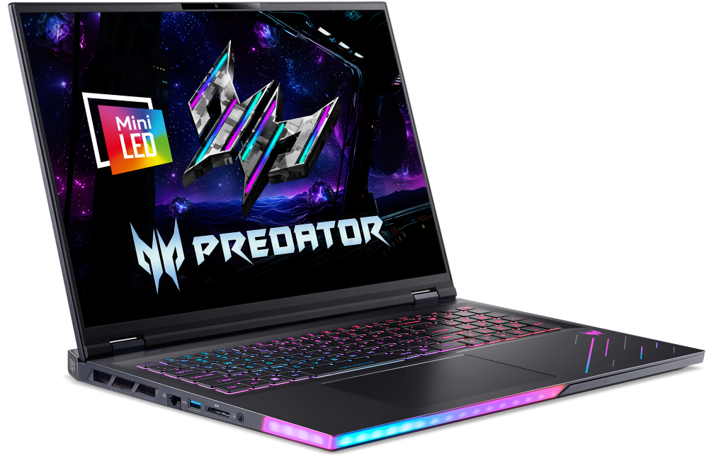 Egy nyitott gamer laptop megvilágított billentyűzettel és képernyőn lévő logóval.