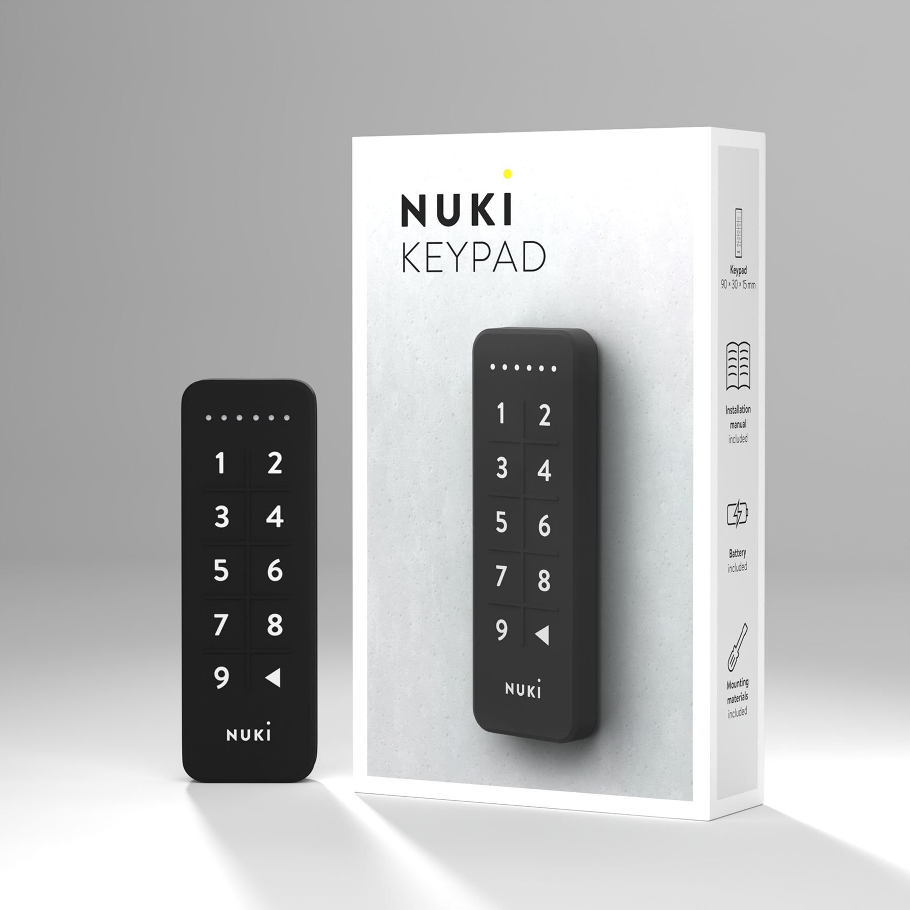 Fekete Nuki Keypad termék és csomagolás, 1-9 számokkal.