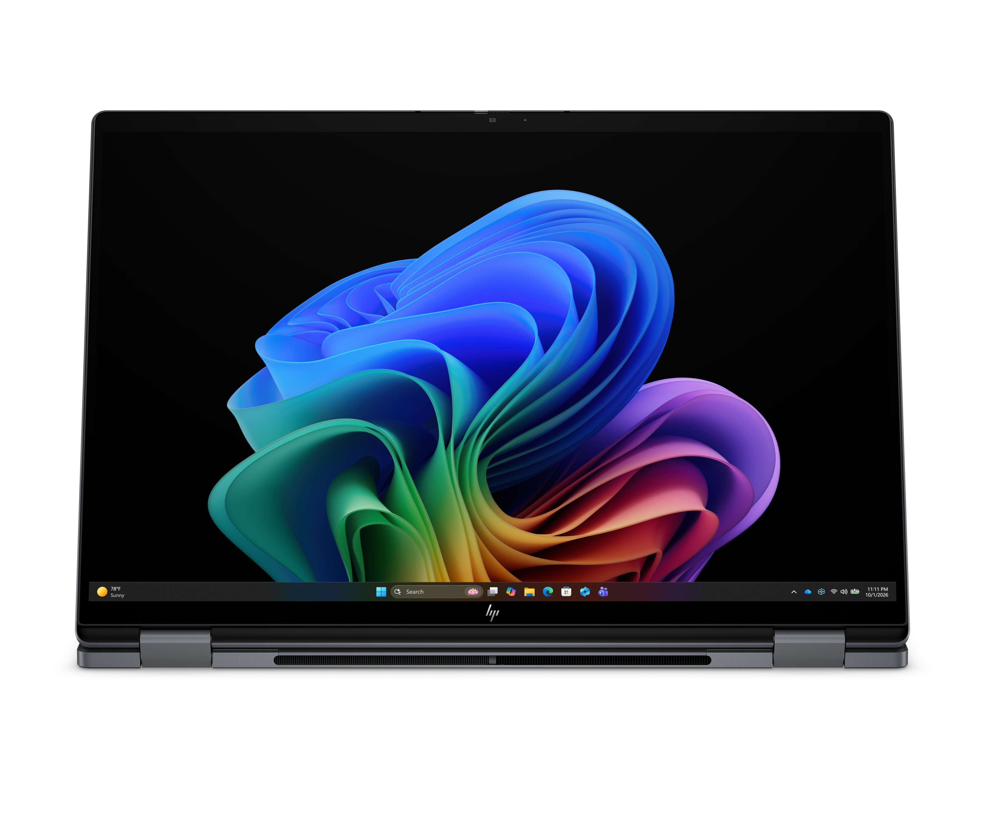 Ein offener Laptop mit einem bunten, abstrakten Hintergrundbild auf dem Bildschirm.