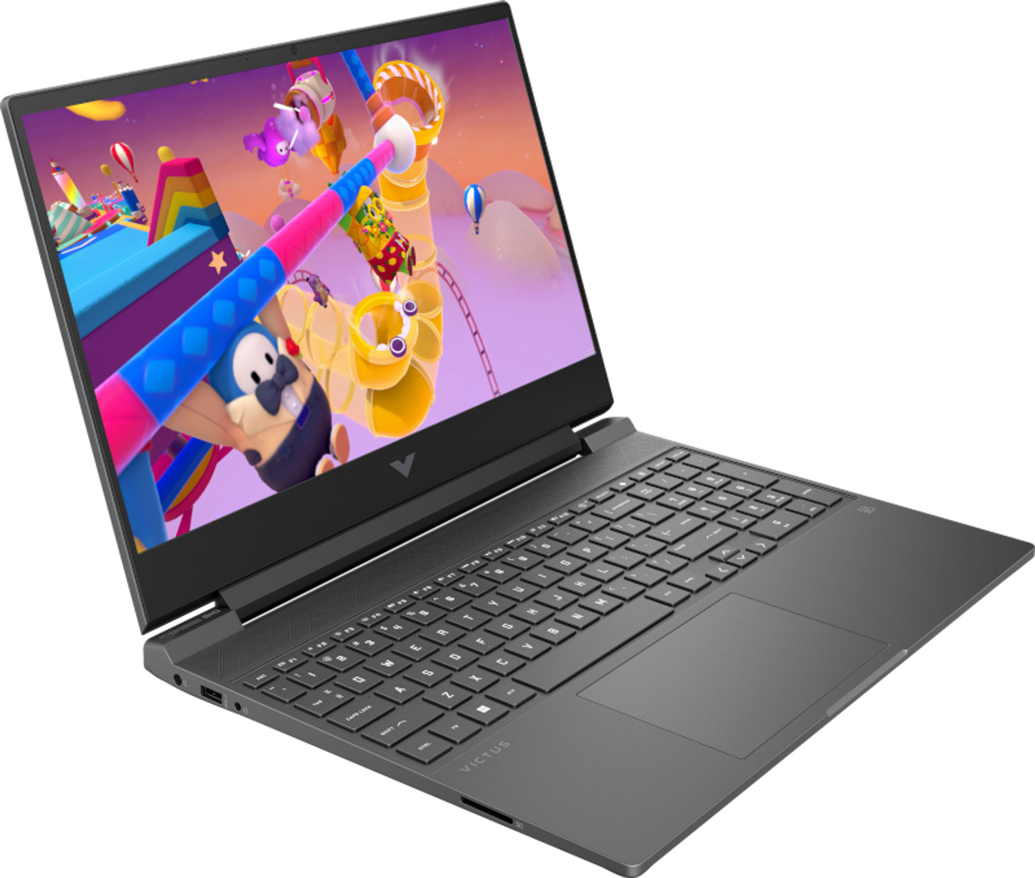 Szary laptop HP Victus wyświetla kolorową grę wideo z postaciami z kreskówek.