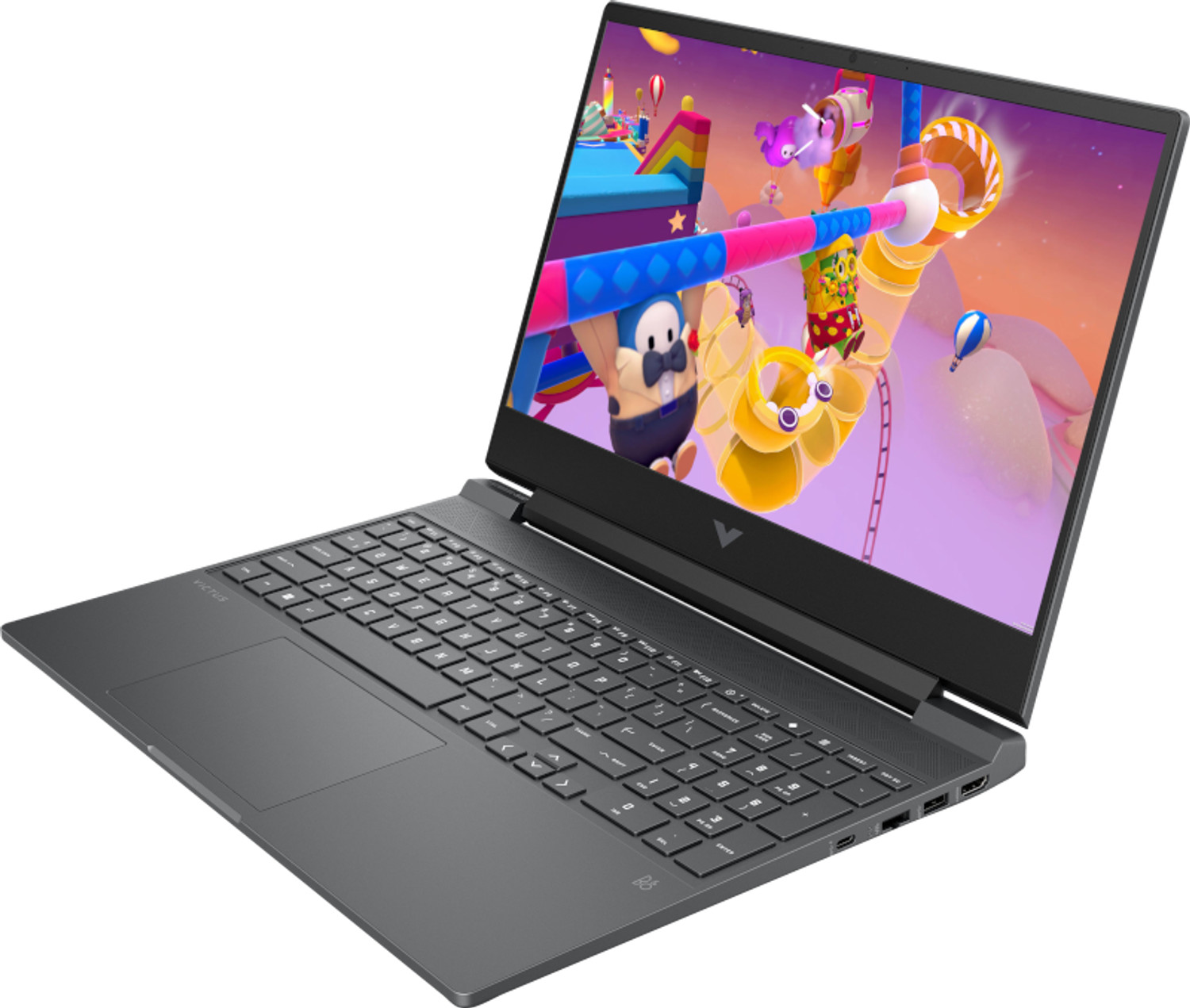 Ciemnoszary laptop HP Victus wyświetla kolorową grę wideo na ekranie.
