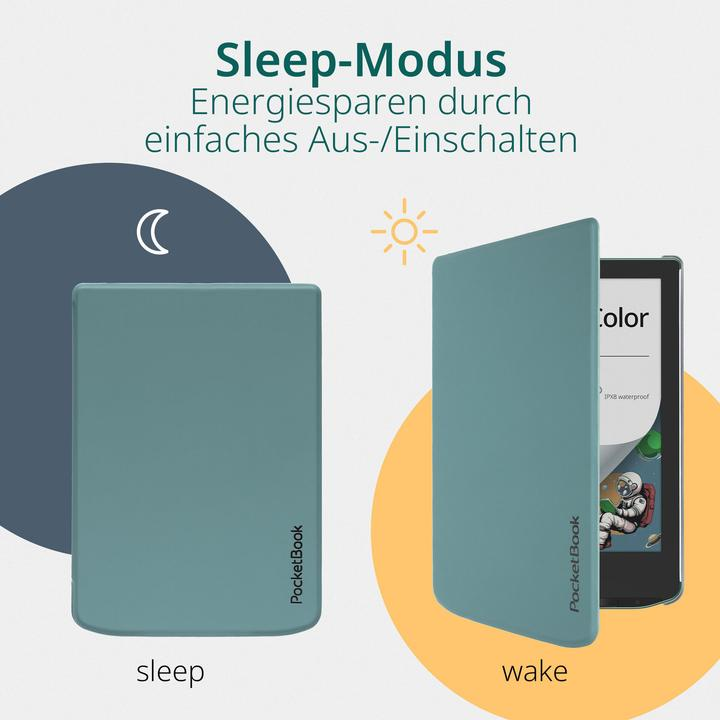 Zwei PocketBook E-Reader Hüllen: Eine im Schlafmodus mit Mondsymbol, eine im Wachmodus mit Sonne.